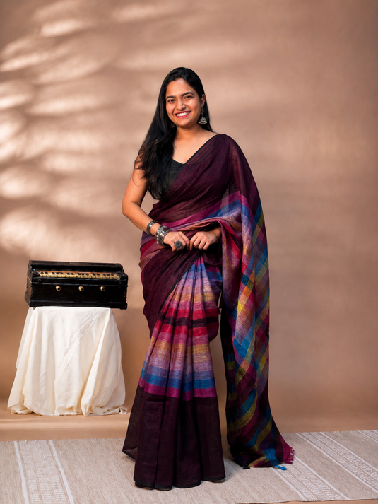 Vine Linen Madras Checks Inspired Saree