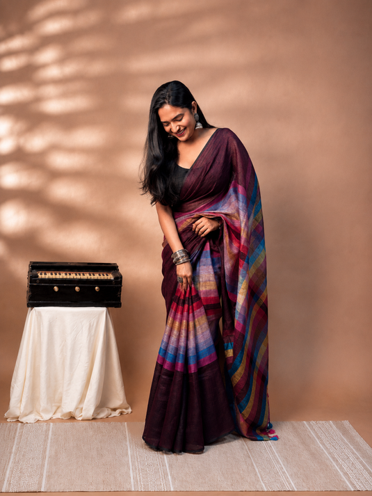Vine Linen Madras Checks Inspired Saree