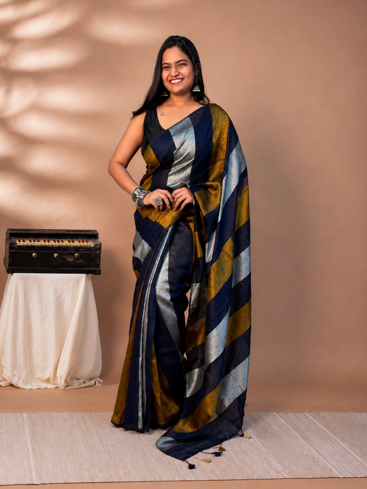 Black Linen Striped Saree