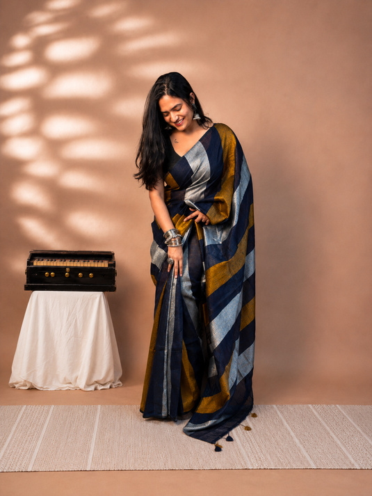 Black Linen Striped Saree