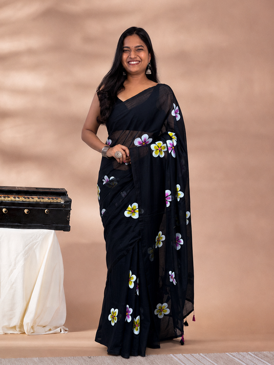Black Cotton Hand Painted Saree