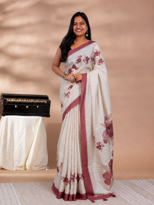 Beige Tussar Silk Printed Saree