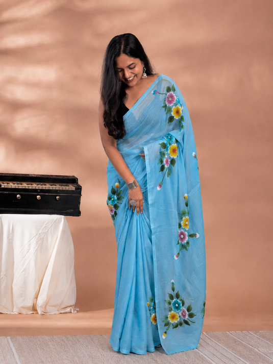 Blue Cotton Hand Painted Saree