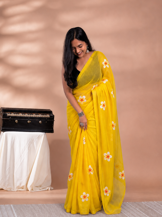 Yellow Cotton Hand Painted Saree
