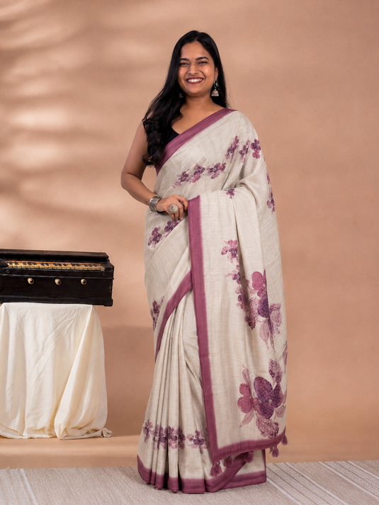 Beige Tussar Silk Printed Saree
