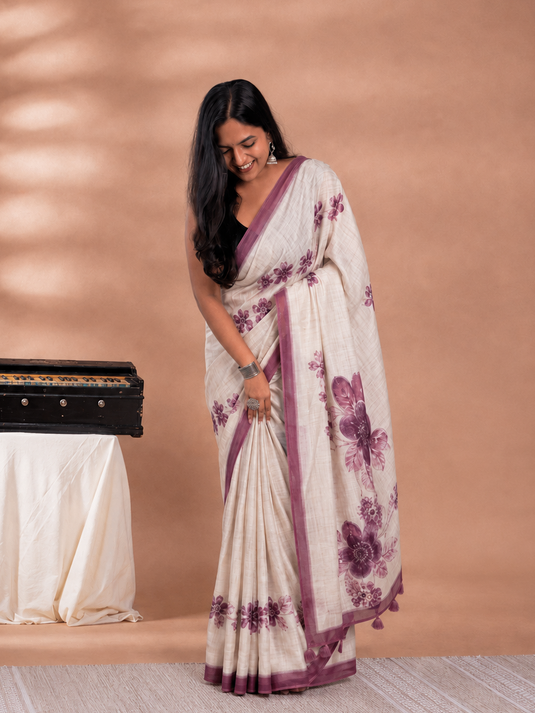 Beige Tussar Silk Printed Saree