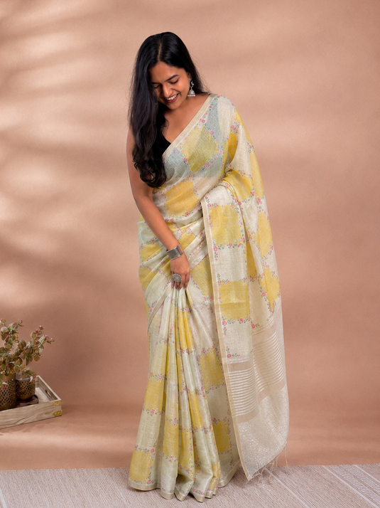 Yellow Linen Tissue Embroidered saree