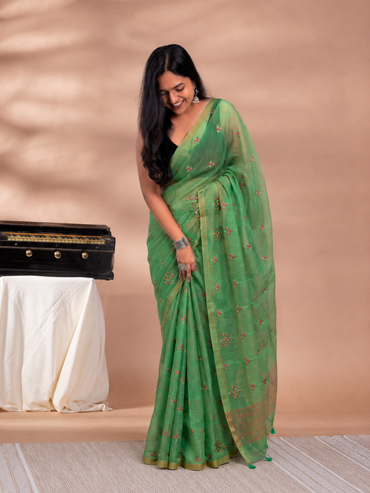 Green Linen Thread Work Embroidery Saree