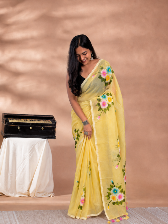 Yellow Cotton Hand Painted Saree