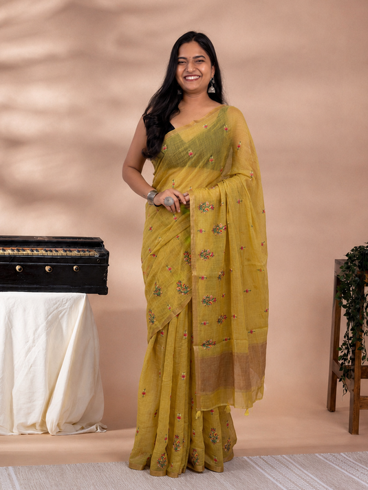Yellow Linen Thread Work Embroidery Saree