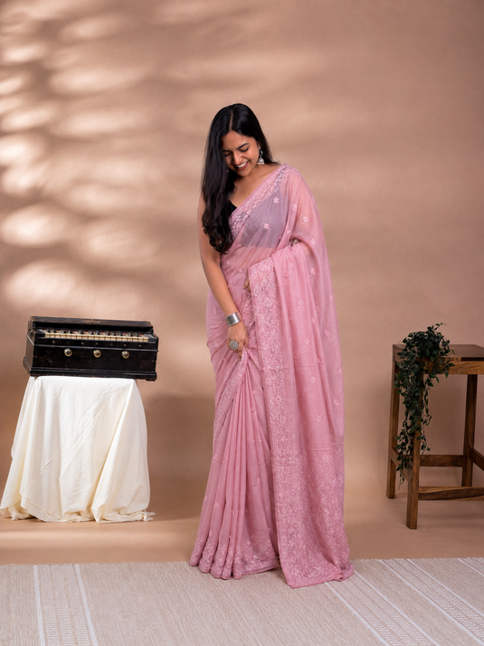 Pink Mul Chaderi Embroidery Saree