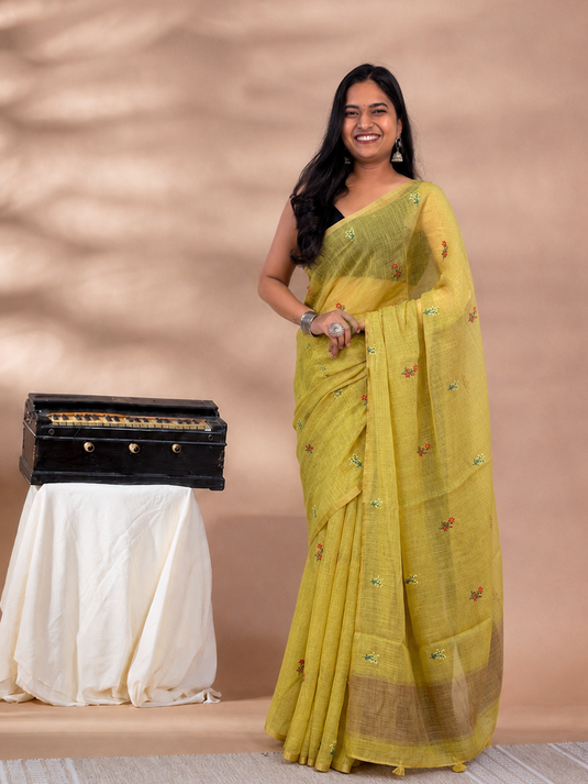 Yellow Linen Embroidered Saree