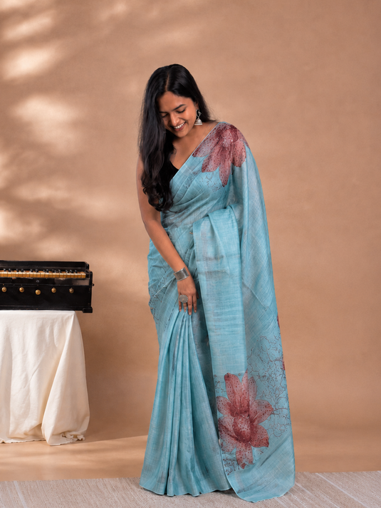 Blue Tussar Printed Saree