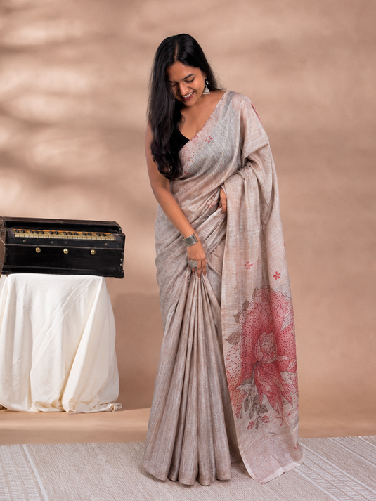 Peach Tussar Printed Saree