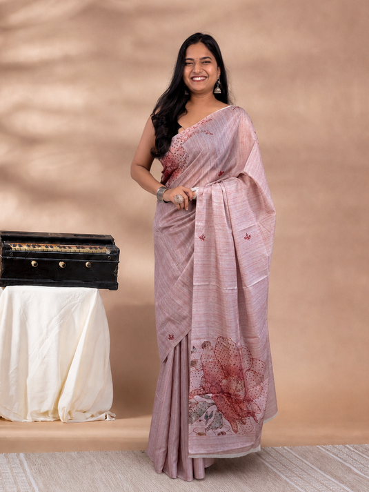 Pink Tussar Printed Saree