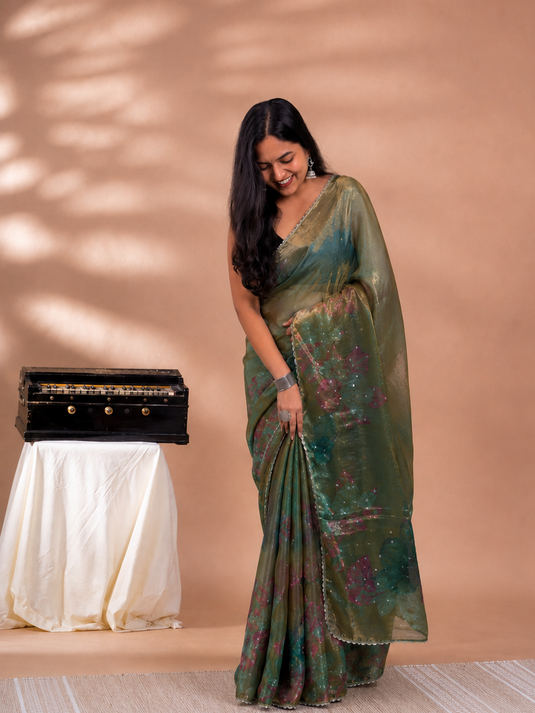 Green Satin Tissue Embroidered Saree