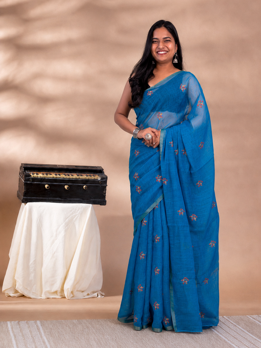 Blue Linen Embroidered Saree
