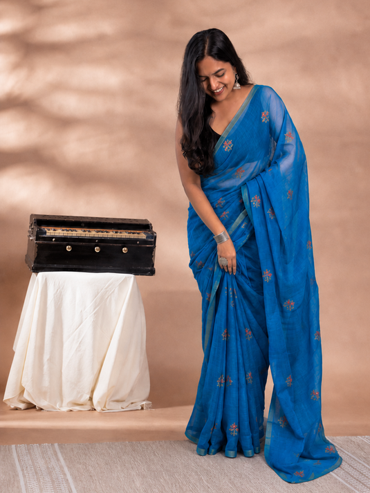 Blue Linen Embroidered Saree