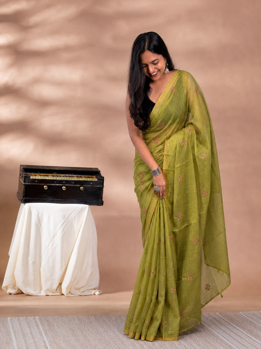 Green Linen Embroidered Saree