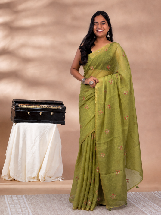 Green Linen Embroidered Saree