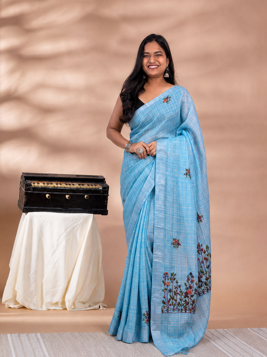 Blue Linen Embroidered Saree