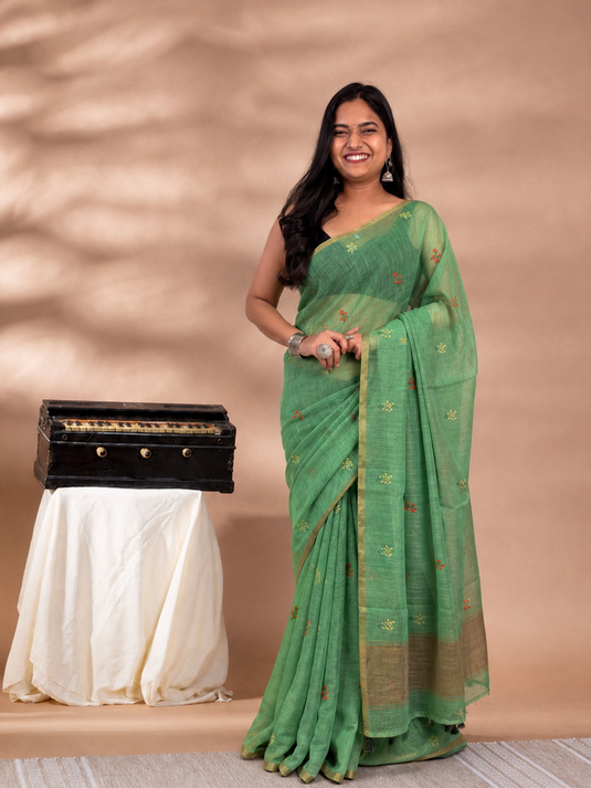 Green Linen Embroidered Saree