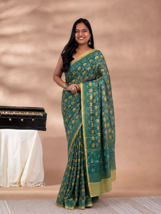 Green Cotton Printed Saree