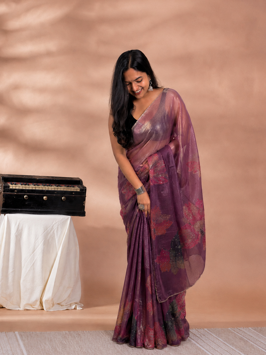 Purple Satin Tissue Embroidered Saree