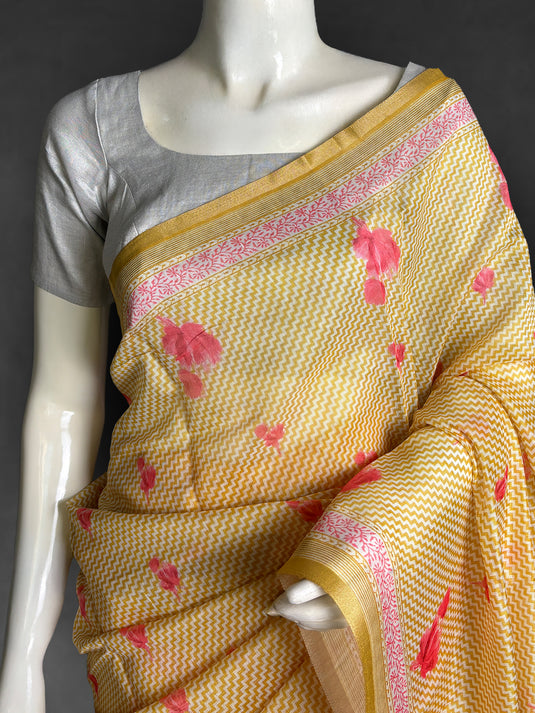 Yellow Cotton Printed Saree