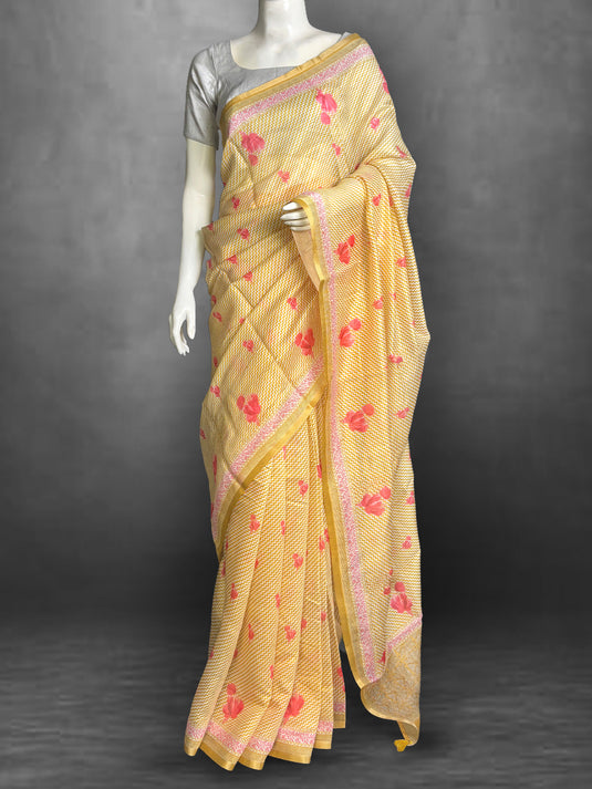 Yellow Cotton Printed Saree