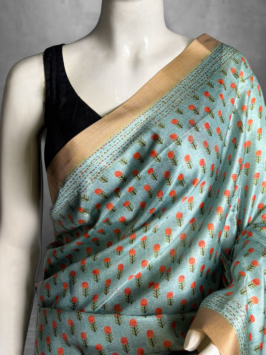 Light Blue Tussar Printed Saree