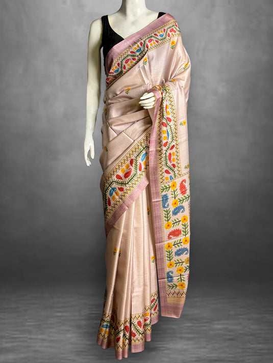 Pink Tussar Printed Saree