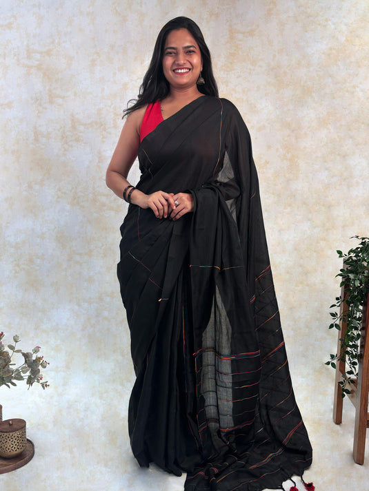 Black Cotton Saree With Cord Work