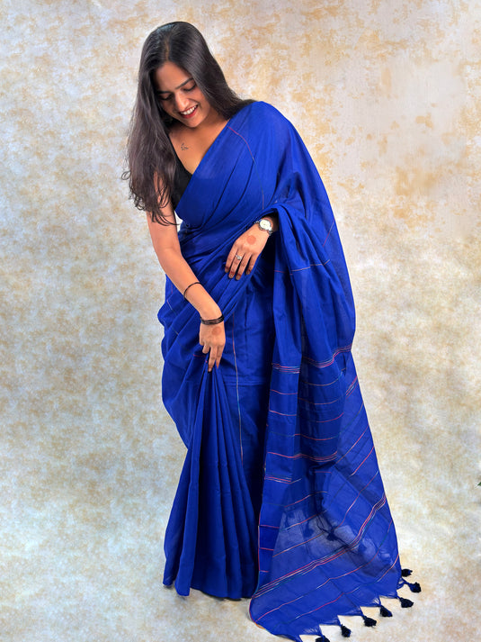 Blue Cotton Saree With Cord Work