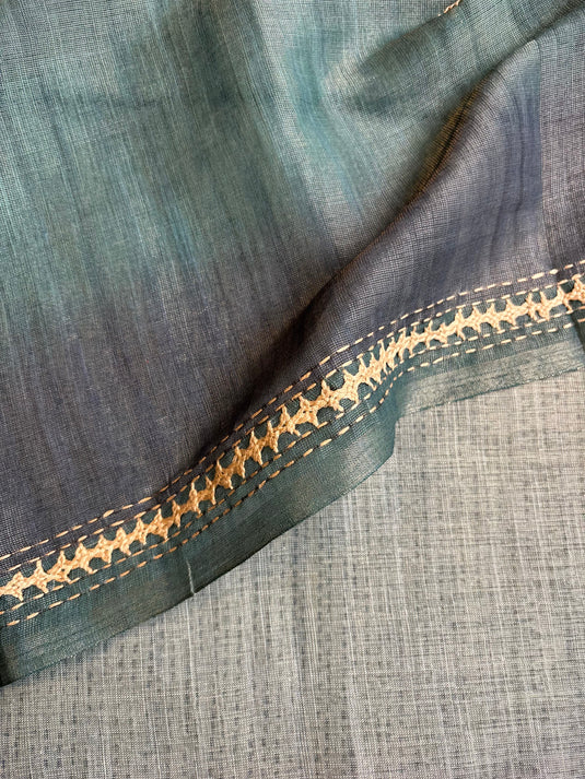 Green Linen Tissue Thread Work Saree