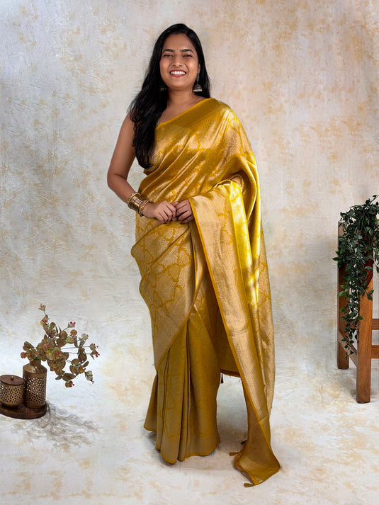 Yellow Crepe Silk Brocade Saree