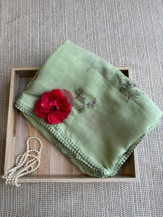 Mint Green Linen embroidered saree