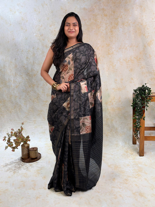Black Tussar Printed Saree