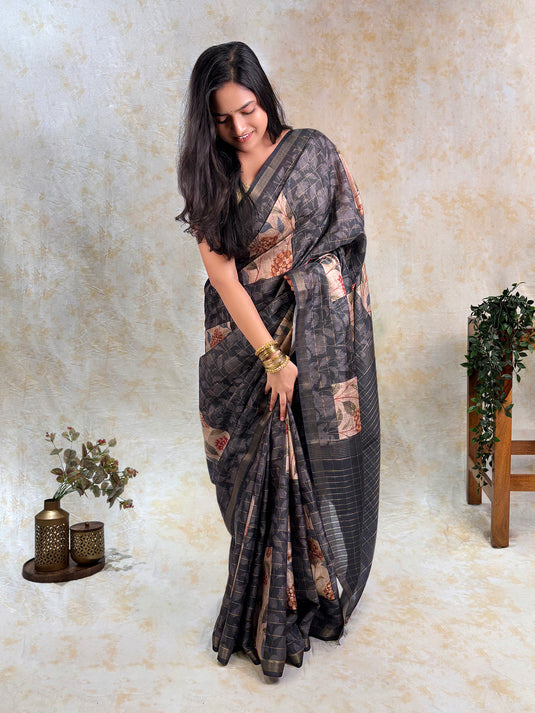 Black Tussar Printed Saree