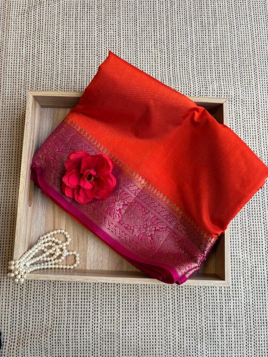 Orange Tussar Silk Zari Weaving Saree