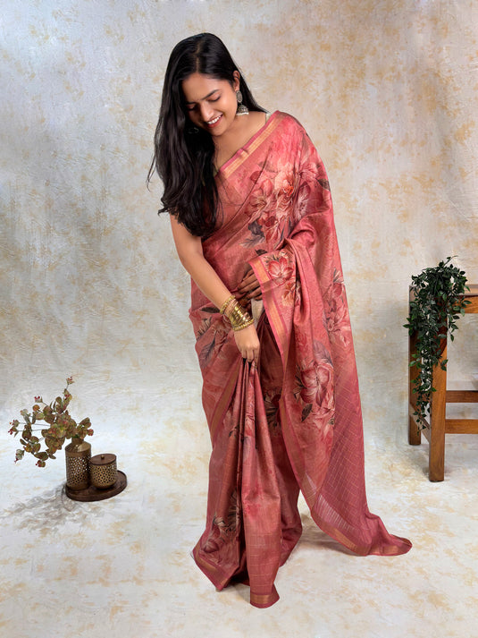 Pink Tussar Printed Saree
