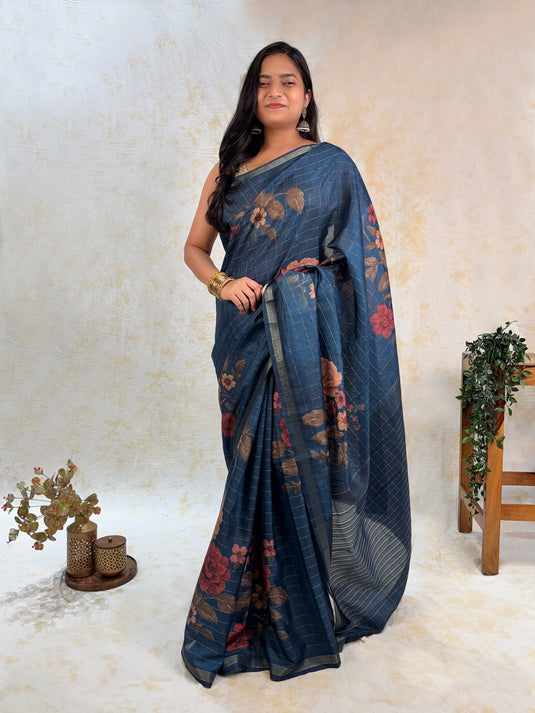 Dark Blue Tussar Printed Saree