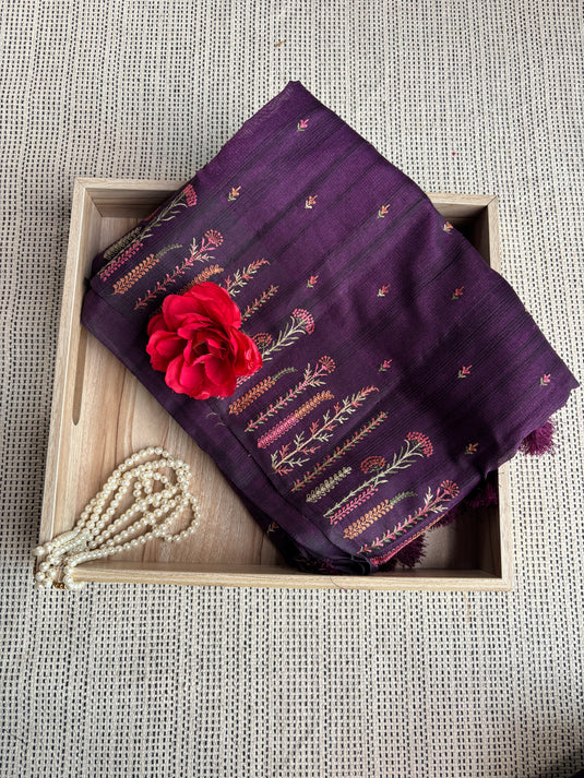 Purple Jute Linen Thread Work Saree