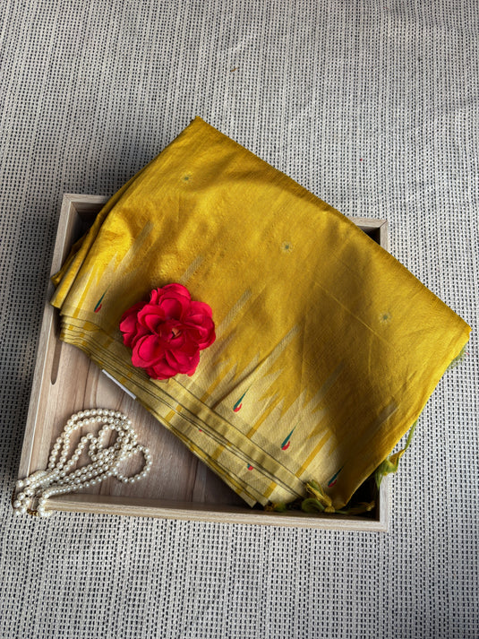 Yellow Tussar Silk Reham Weaving Saree