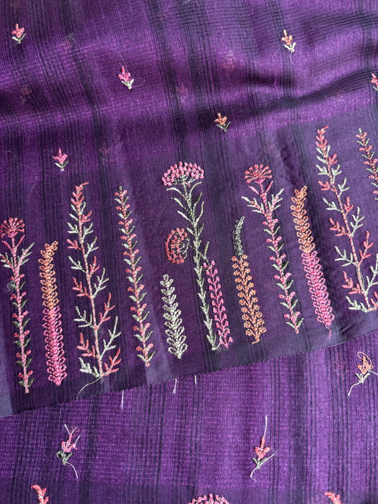 Purple Jute Linen Thread Work Saree