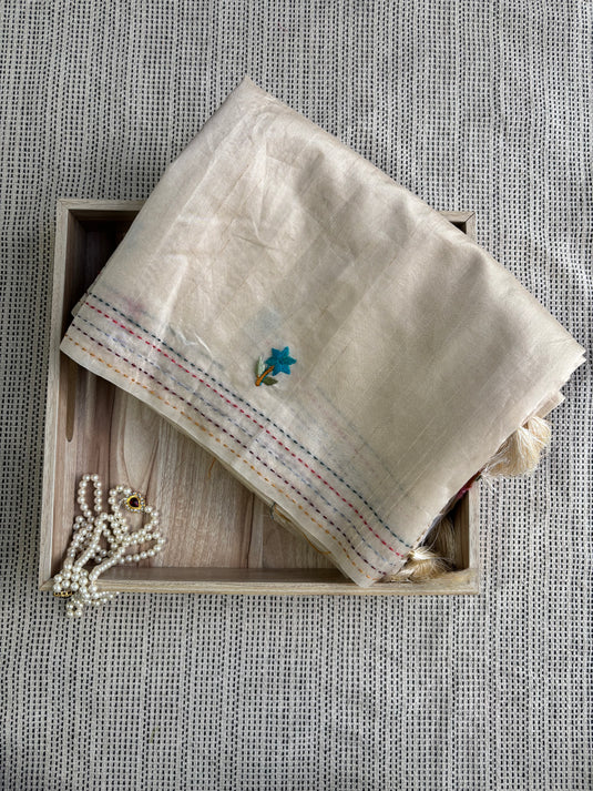 Beige Tussar Silk Embroidred Saree