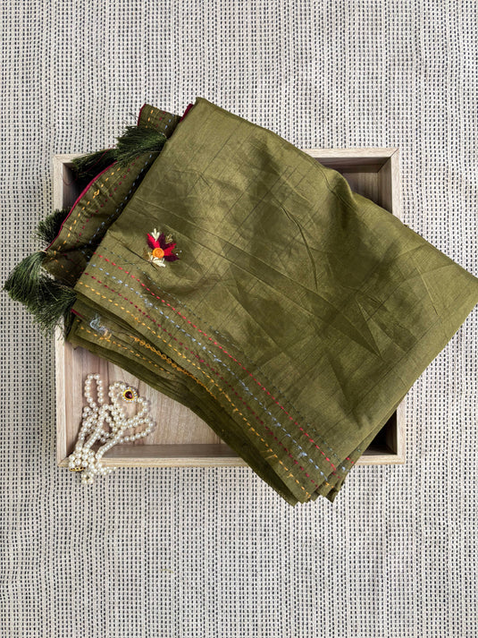 Green Tussar Silk Embroidered Saree