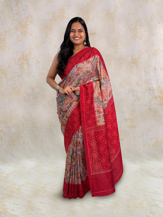 Dusty Purple Tussar Silk Kalamkari Printed Saree