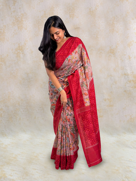 Dusty Purple Tussar Silk Kalamkari Printed Saree