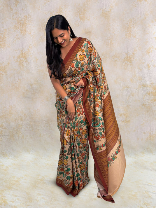 Beige Tussar Silk Kalamkari Printed Saree